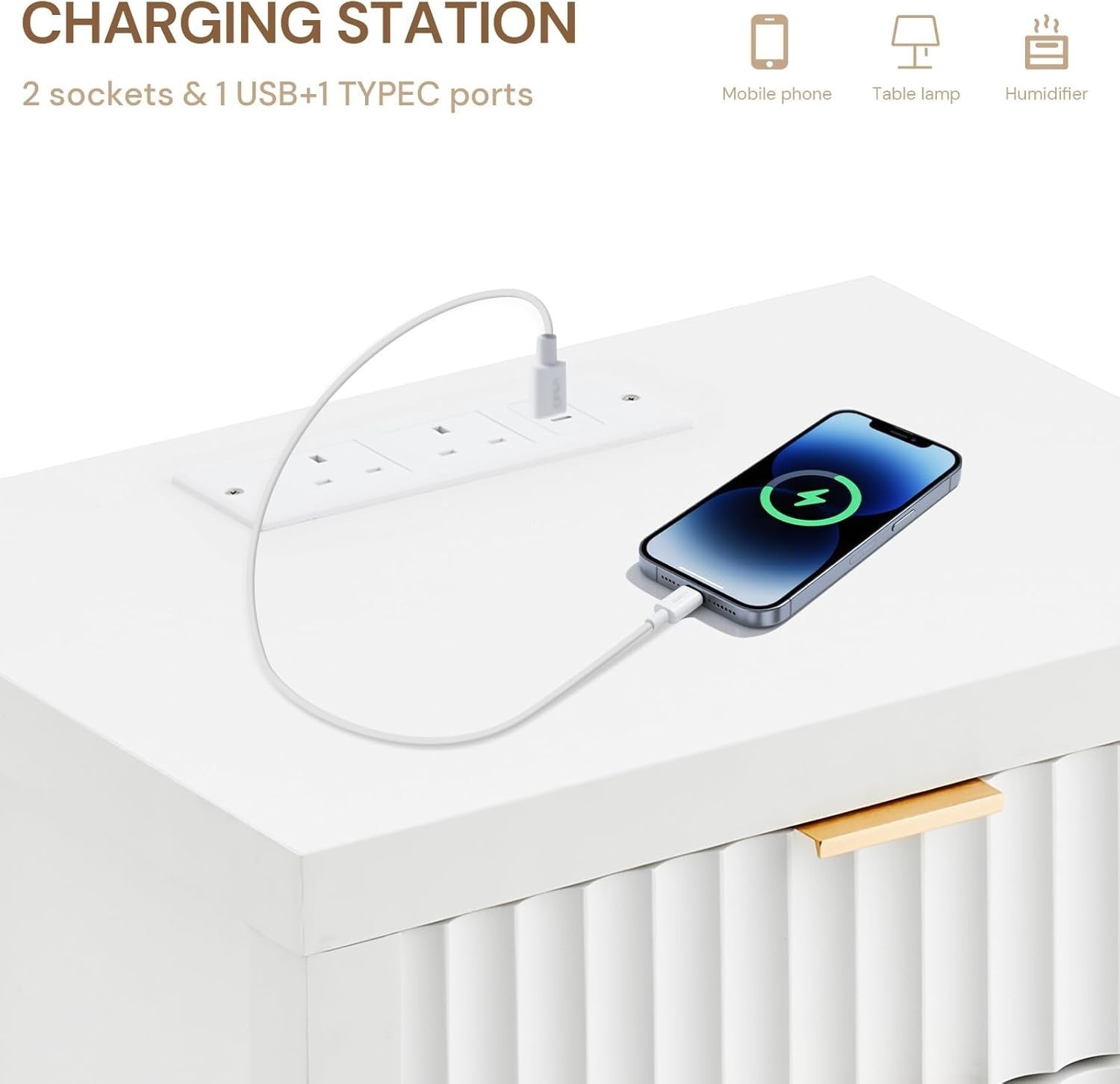 Set of 2 Modern White Bedside Tables with USB Charging Ports, 2 Drawers 60x50cm
