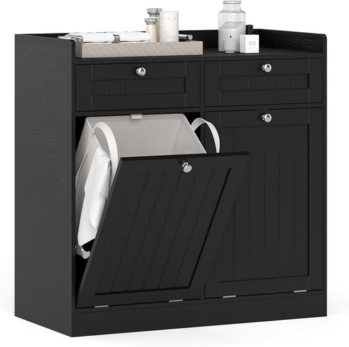 Black Tilt-Out Laundry Cabinet 2 Drawers 2 Hampers Modern Bathroom Storage Unit