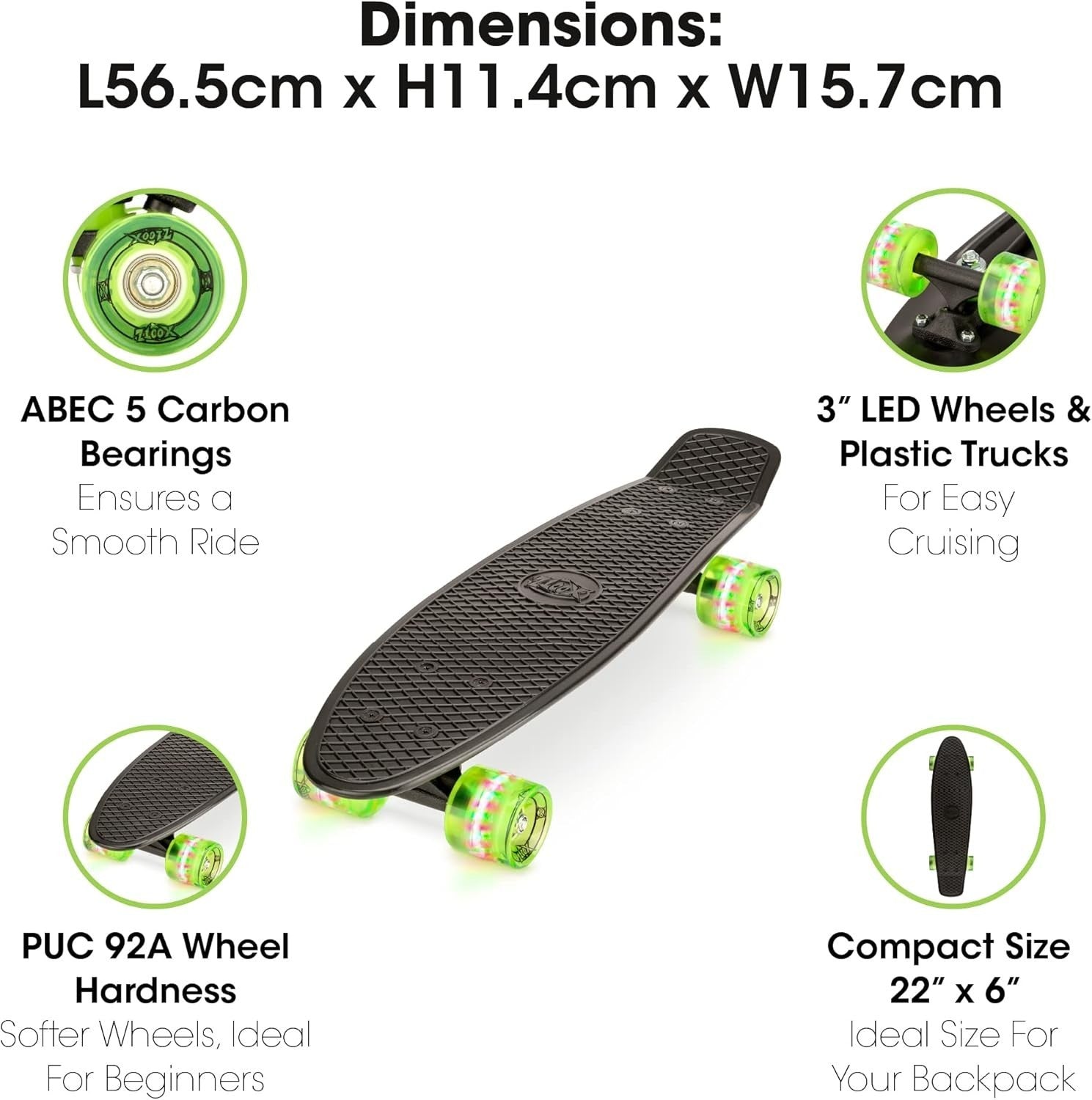 22in Retro Plastic Skateboard LED Wheels Kids Beginner Cruiser Board