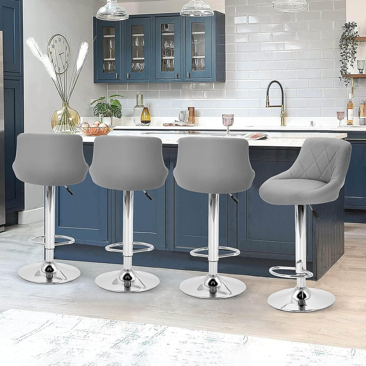 Set of 3 Adjustable Swivel Bar Stools – Grey L-Shape