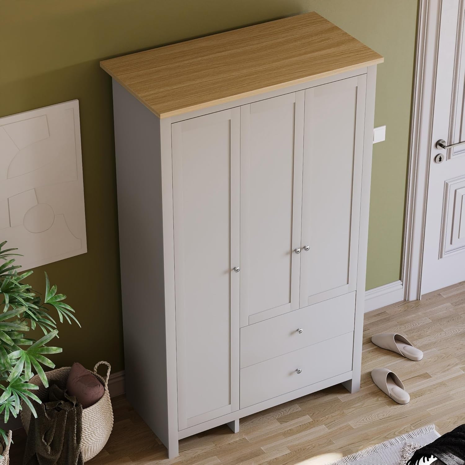 3 Door Grey Wardrobe with Drawers & Clothes Rail - Bedroom Storage Unit