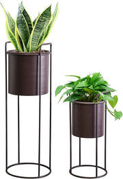 Set of 2 Tall Brown Metal Planters with Stands 70cm & 45cm Indoor Outdoor Pots
