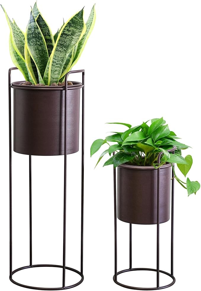 Set of 2 Tall Brown Metal Planters with Stands 70cm & 45cm Indoor Outdoor Pots