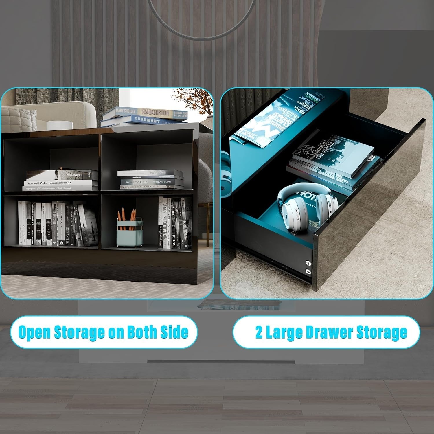 Blisswood LED Coffee Table with 2 Drawers, High Gloss Top & RGB Lights 95x55cm