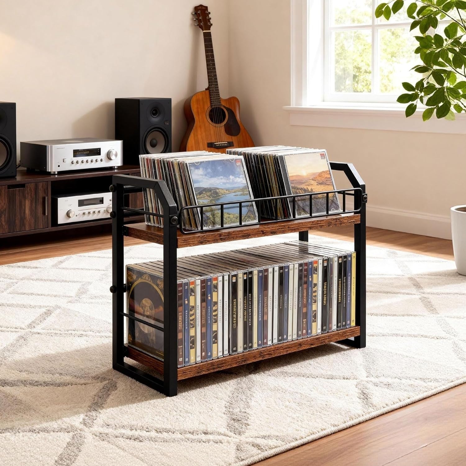 2 Tier CD DVD Storage Rack Wooden Media Organizer Holds 70 Discs Brown