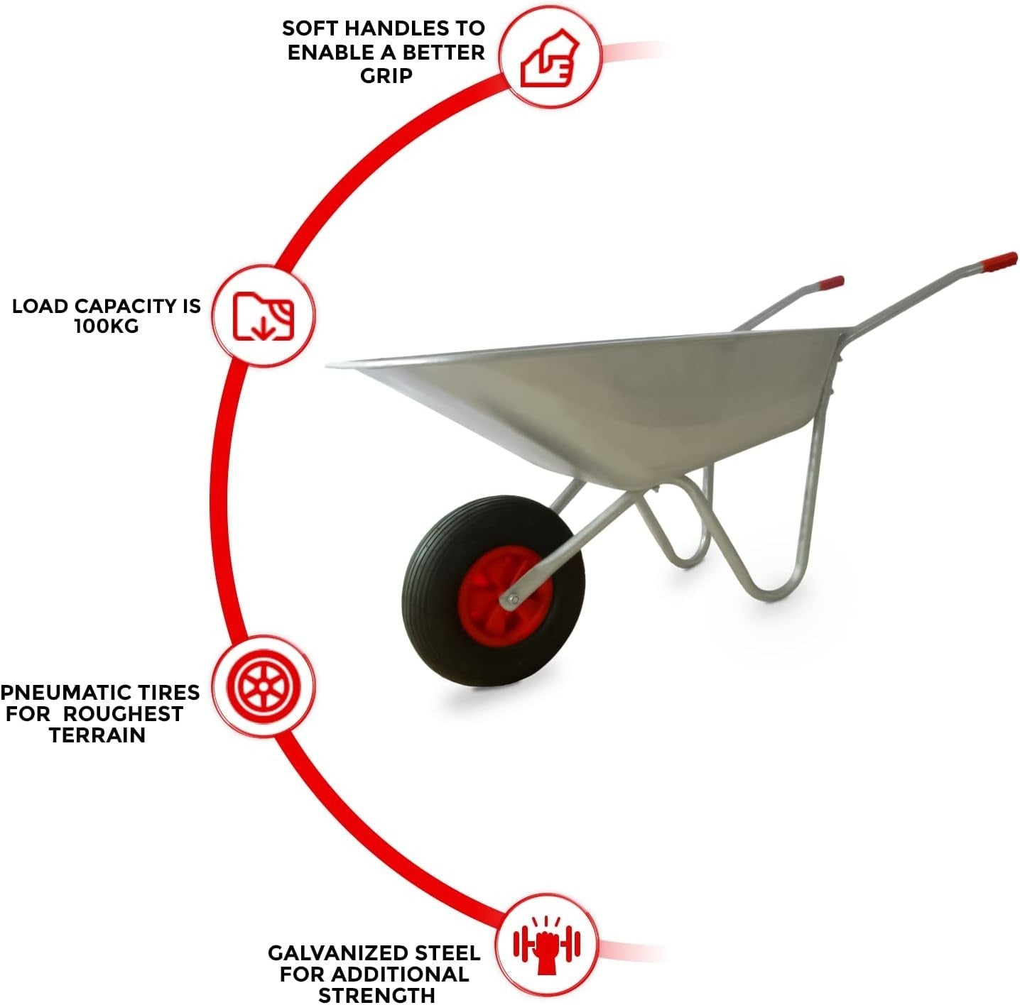 65L Steel Garden Wheelbarrow & Green Silver Cart with Leaf Grabber & 100 kg Load