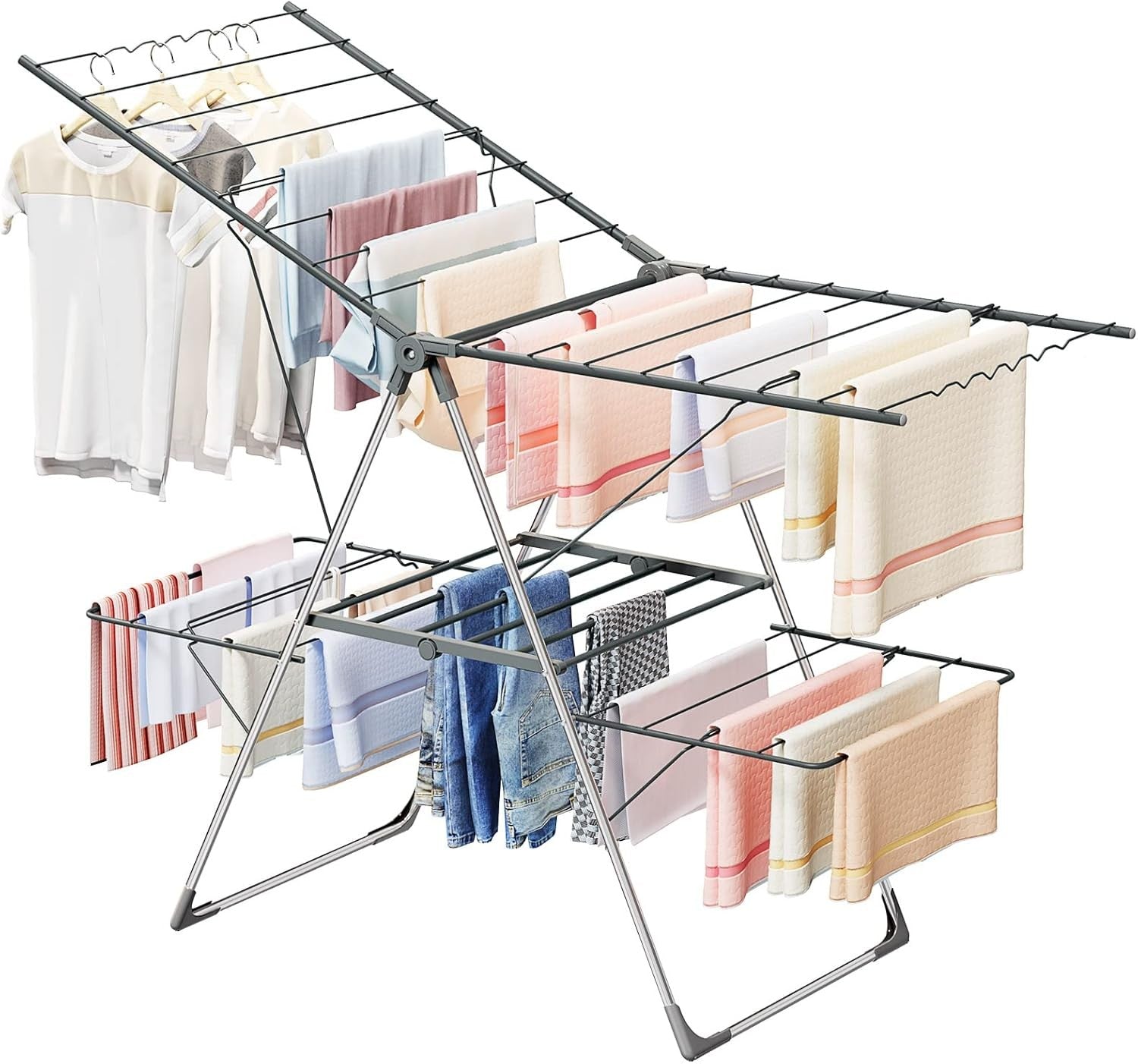 3 Tier Clothes Airer Large Folding Winged Drying Rack Stainless Steel Indoor