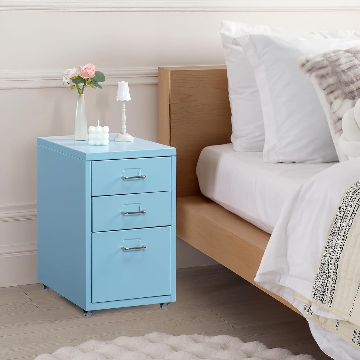 Light Blue Metal Rolling Drawer Unit 3 Tier Under Desk File Storage