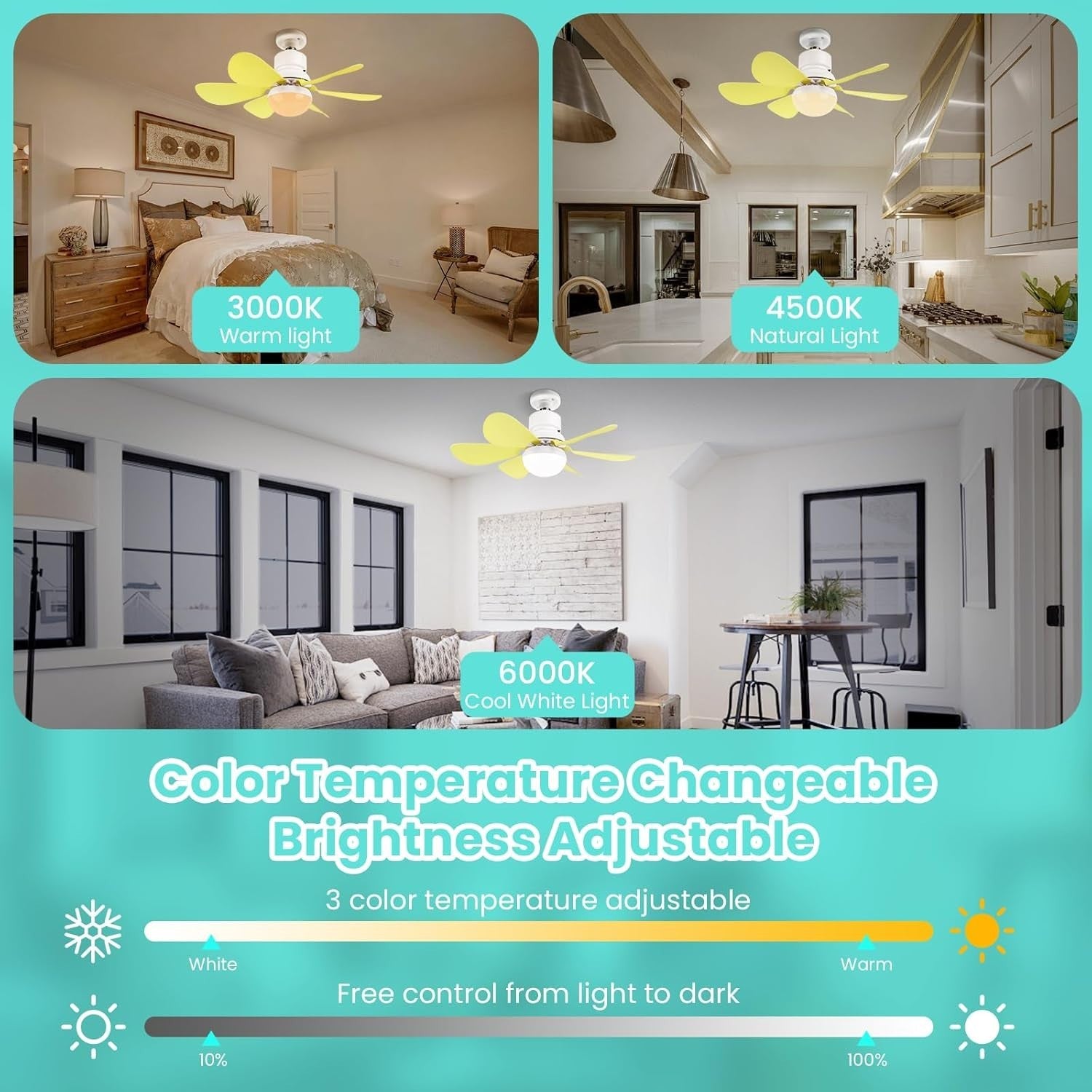 30W Ceiling Fan with Lights Dimmable 3 Speed 6 Blades Remote