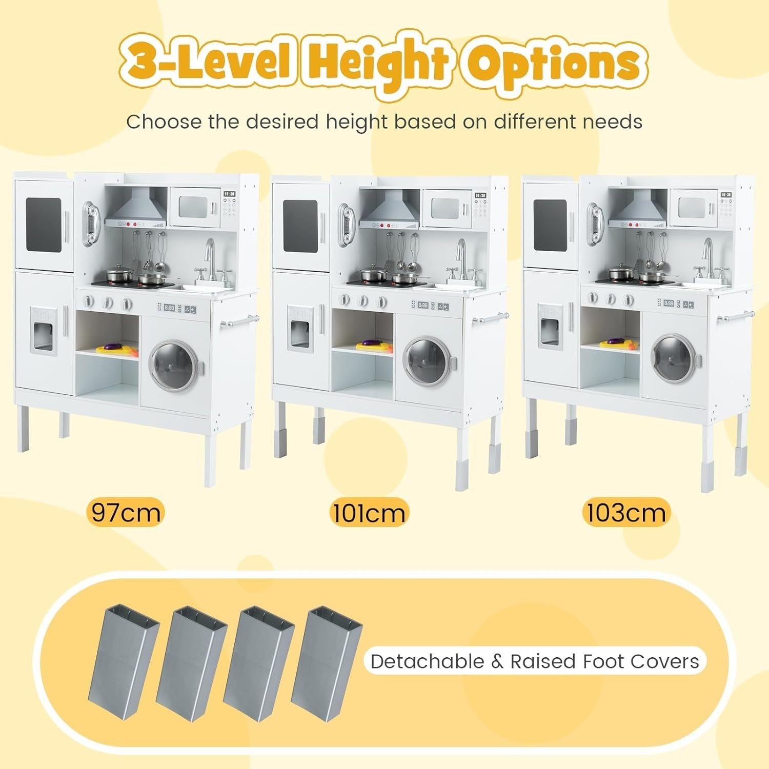 Adjustable Wooden Kids Play Kitchen White w/ Lights Sounds Set