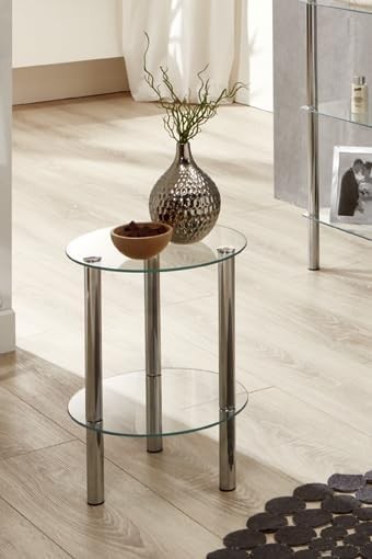 Modern Round Chrome Metal End Table with Tempered Glass Shelf 47x35cm