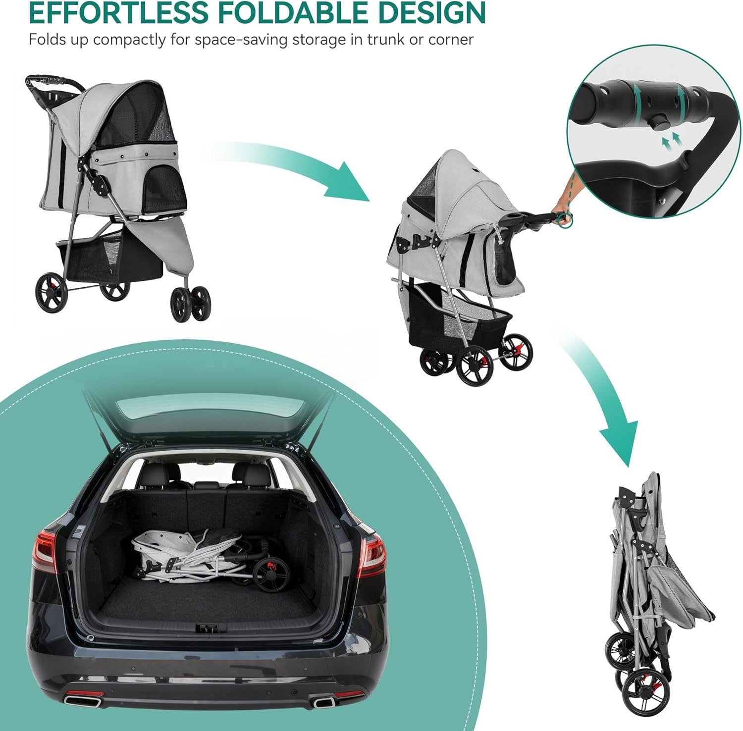 3 Wheel Dog Stroller Folding Pet Pram 15kg Mesh Windows Brakes Cup Holder