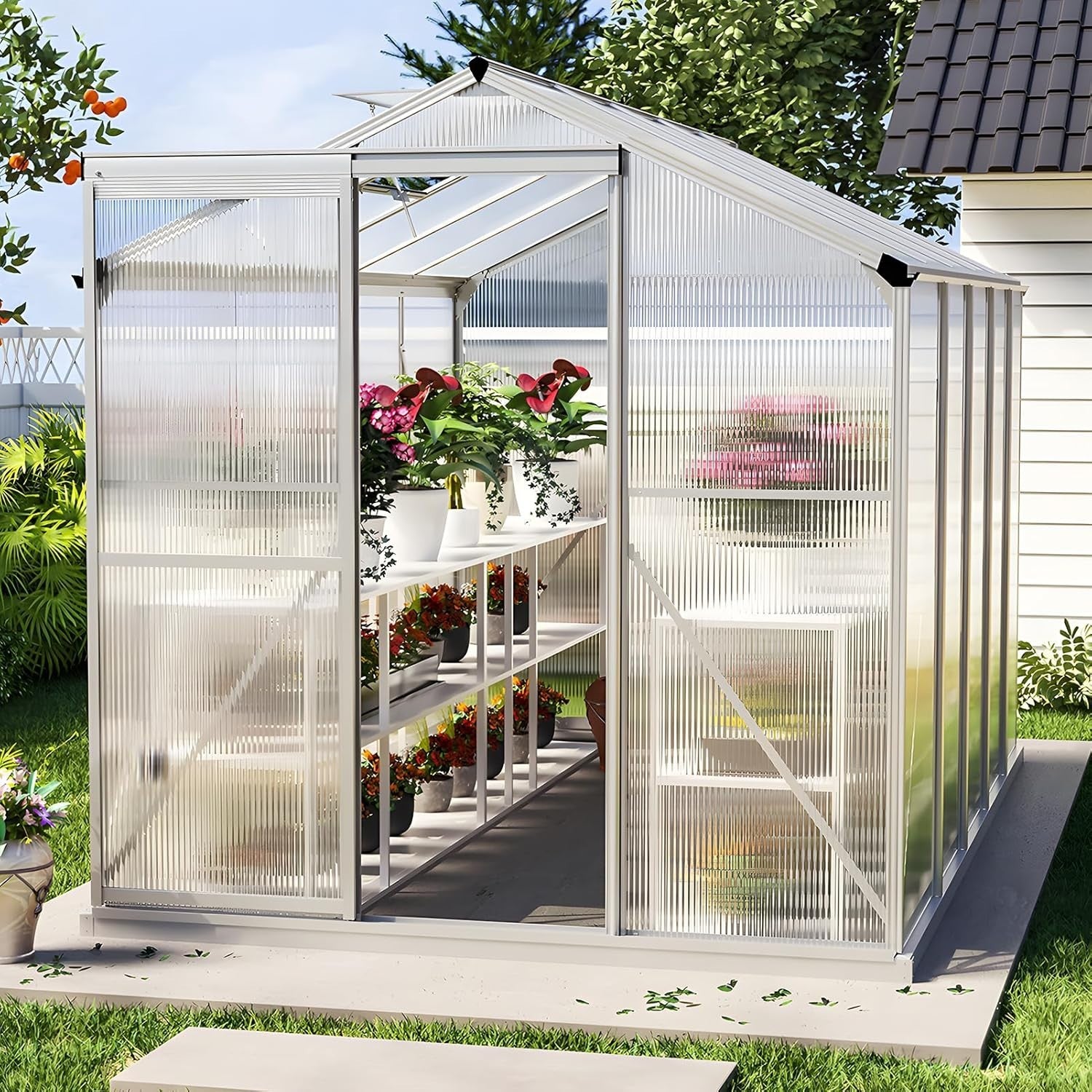 10x6ft Polycarbonate Greenhouse | Aluminium Frame Walk-In Garden Grow Tent