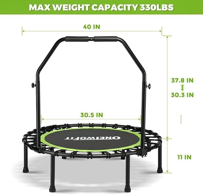 40in Foldable Fitness Trampoline Quiet Rebounder Adjustable Handle 330lb
