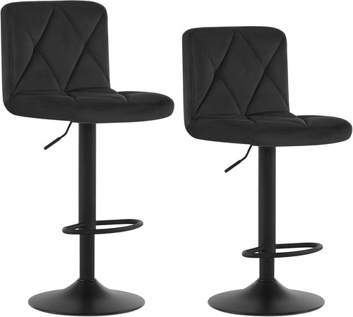 Set of 2 Black Velvet Bar Stools Square Seat Swivel & Adjustable 60-80cm