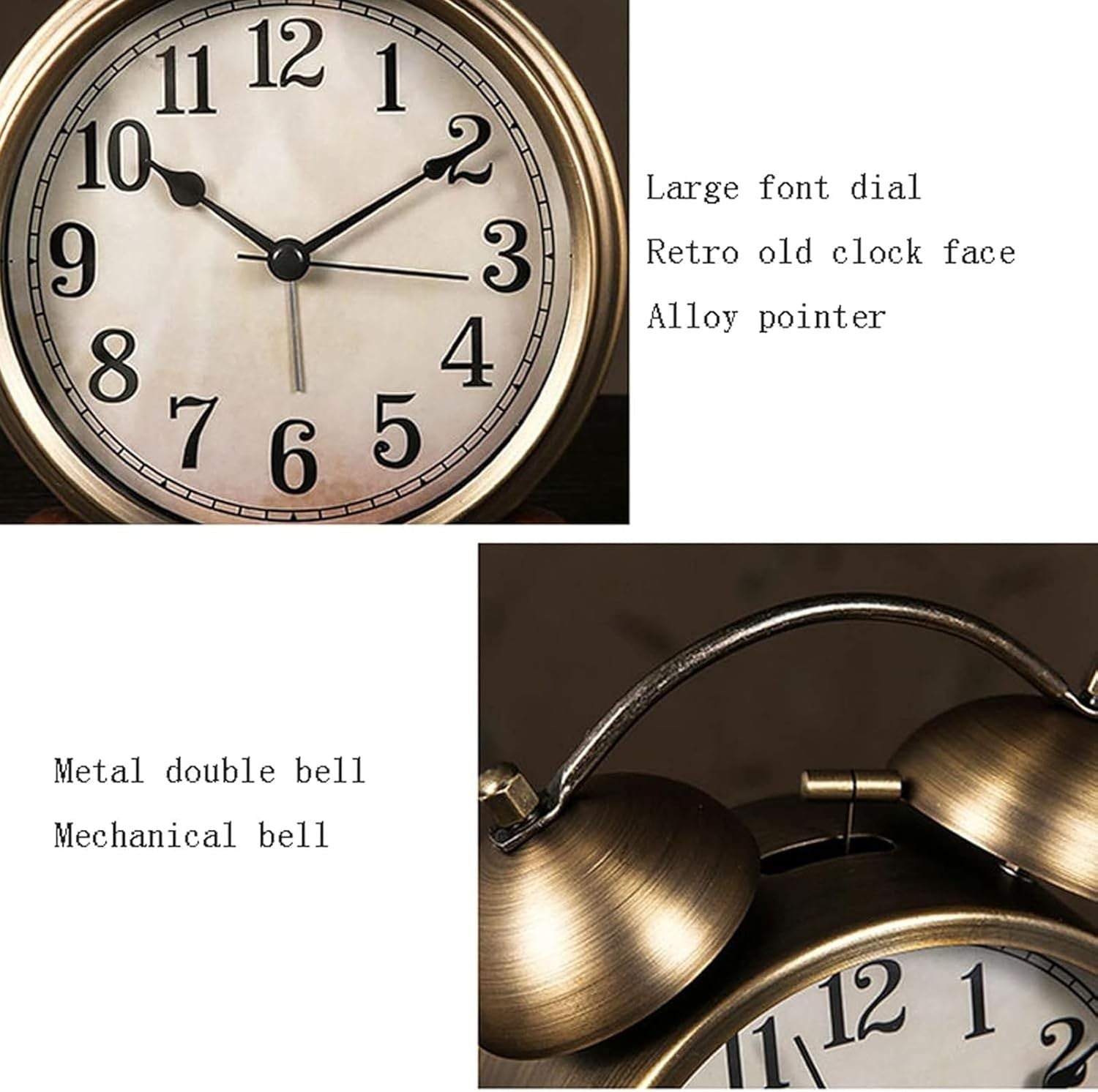 Retro Twin Bell Alarm Clock Brass Loud Ring Battery Operated Bedside Desk