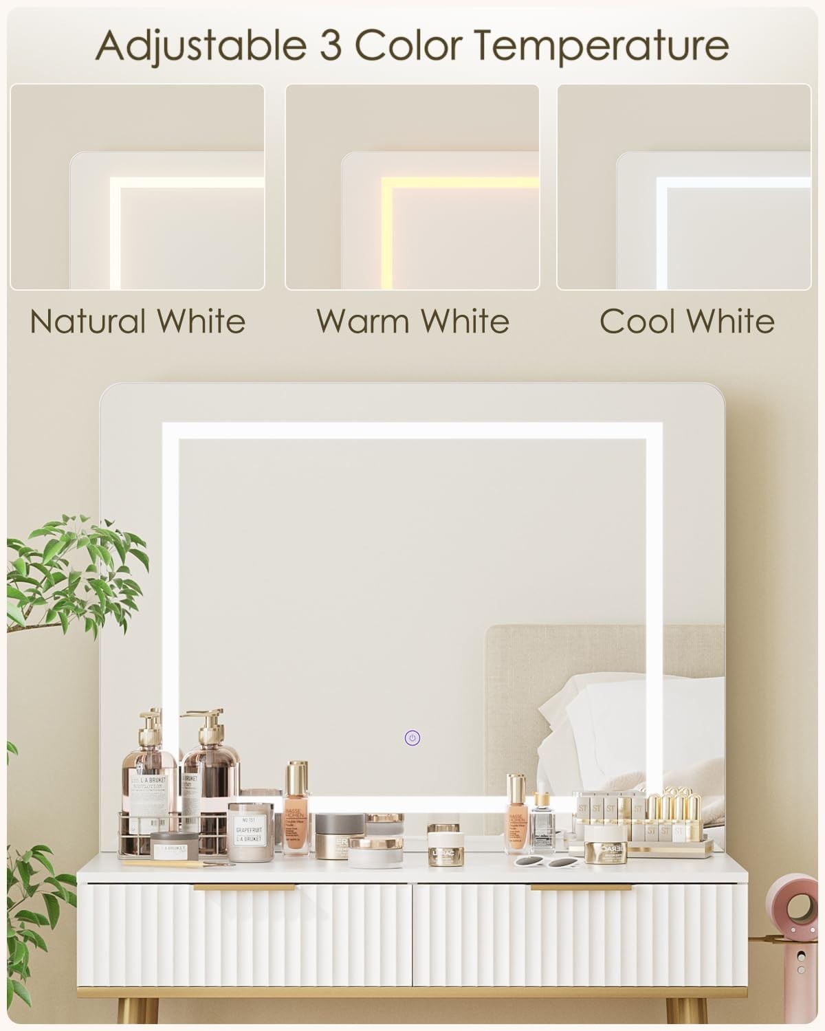 White Dressing Table Makeup Desk LED Light Mirror Drawers Gold Legs Modern