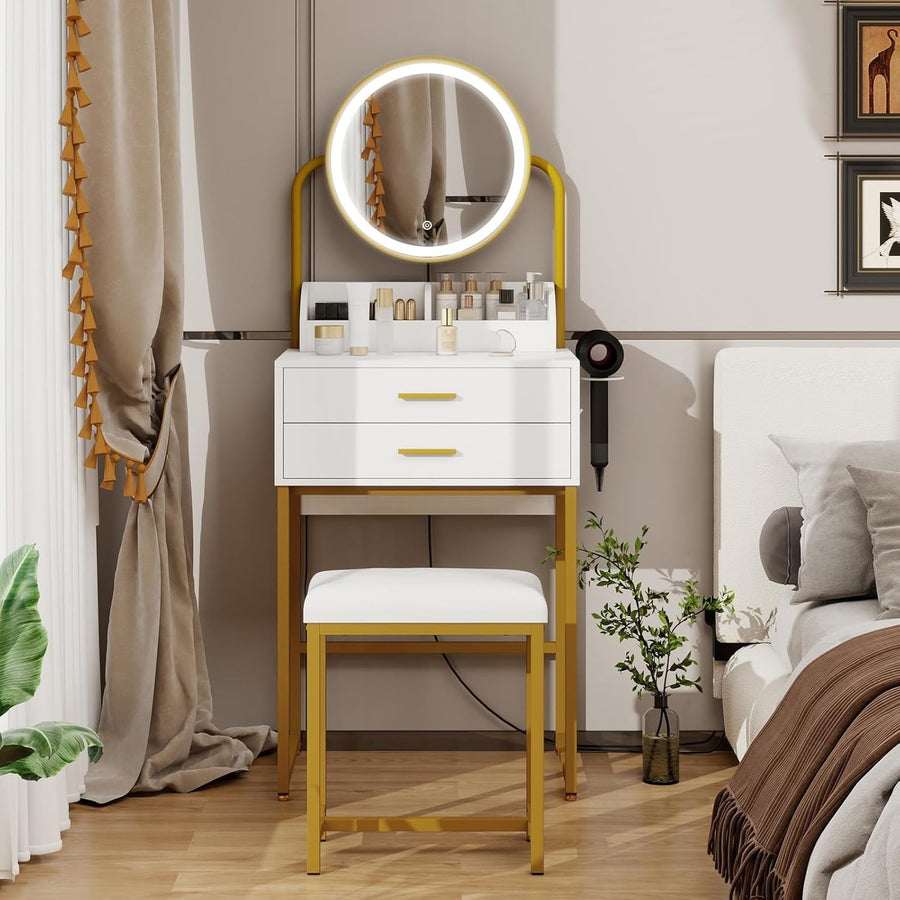 White Gold Vanity Table Set Desk Dresser LED Mirror 2 Drawer Storage Stool