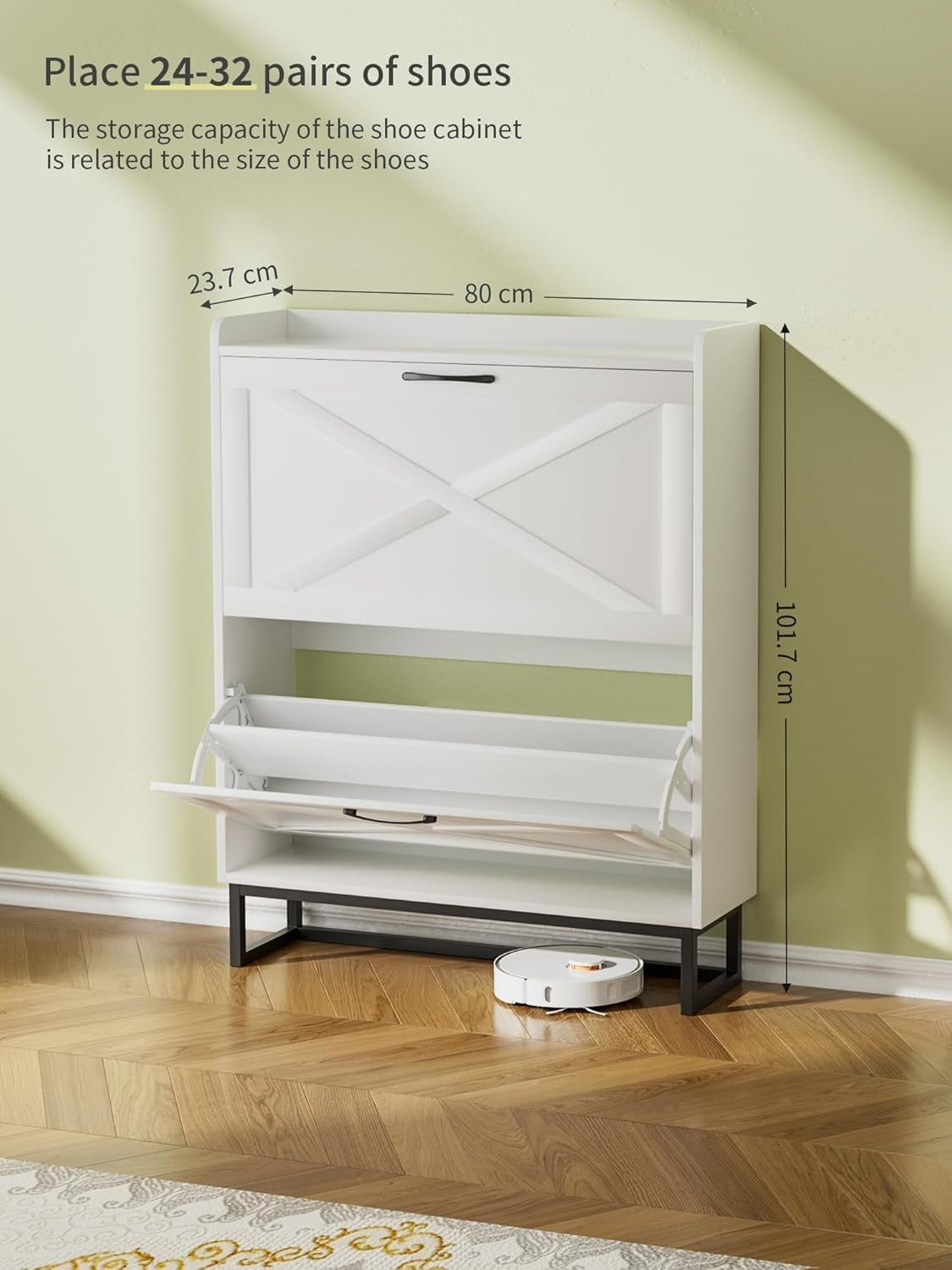 Slim White Shoe Cabinet 2 Drawer Fold Vintage Rack – Adjustable Shelves 80cm