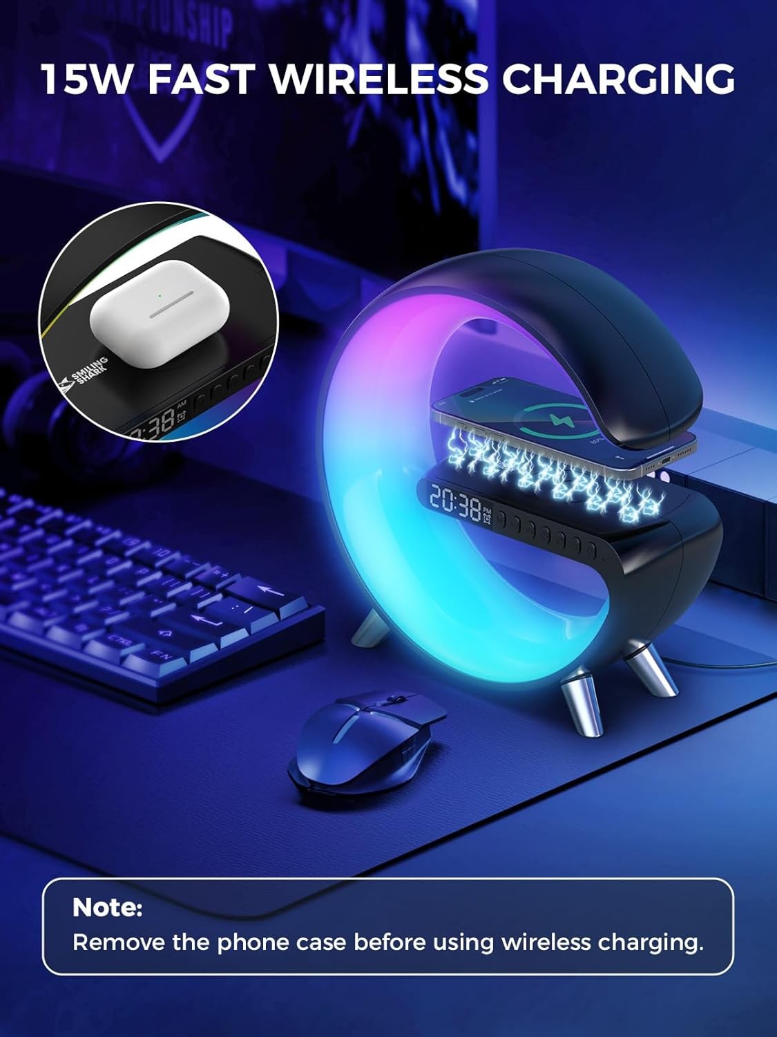 Black RGB G-Shape Sunrise Wake Up Light Alarm Bluetooth Speaker Wireless Charger