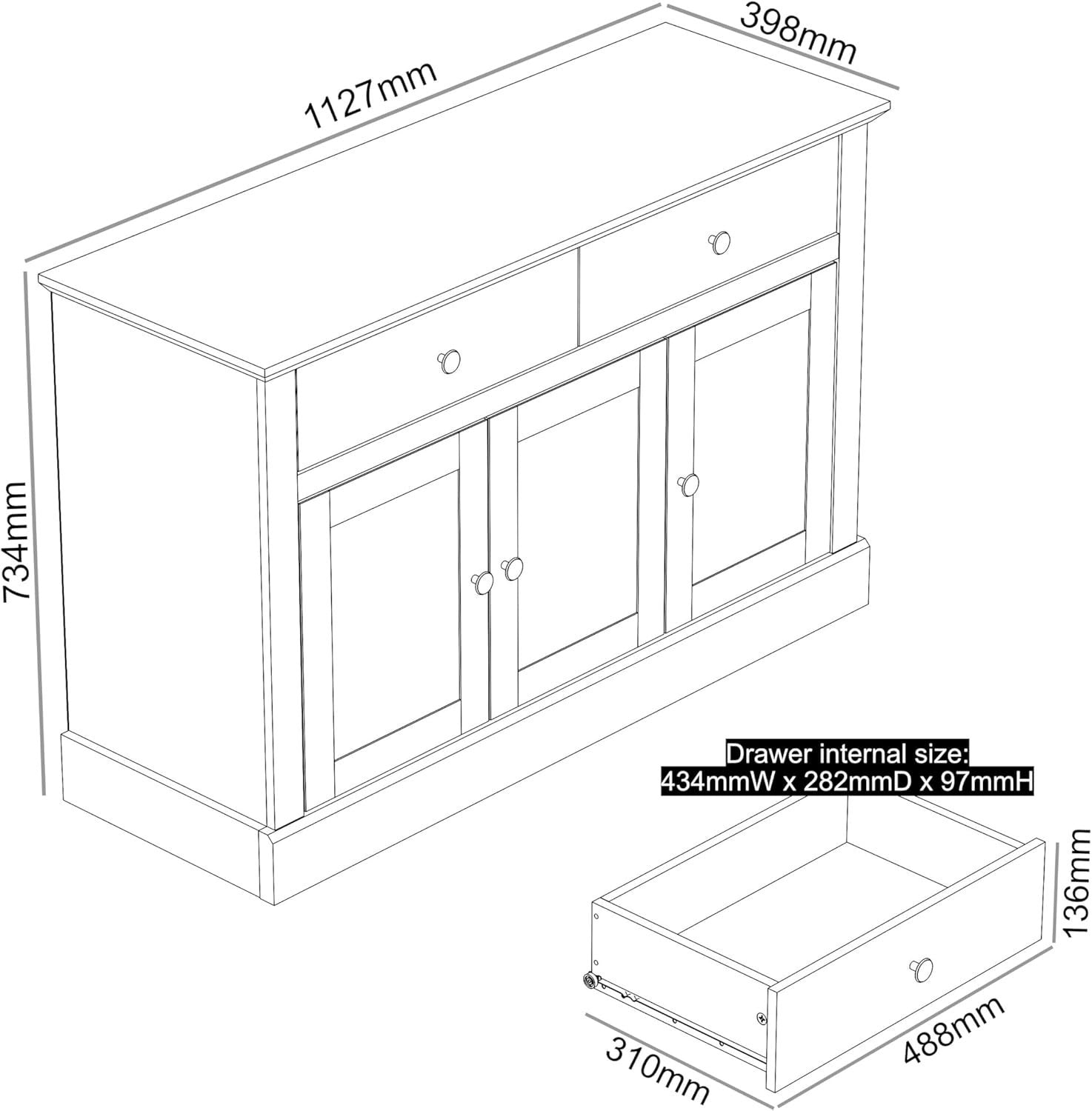 Grey Sideboard Cabinet with Drawers & Doors, Oak Top, Storage Unit