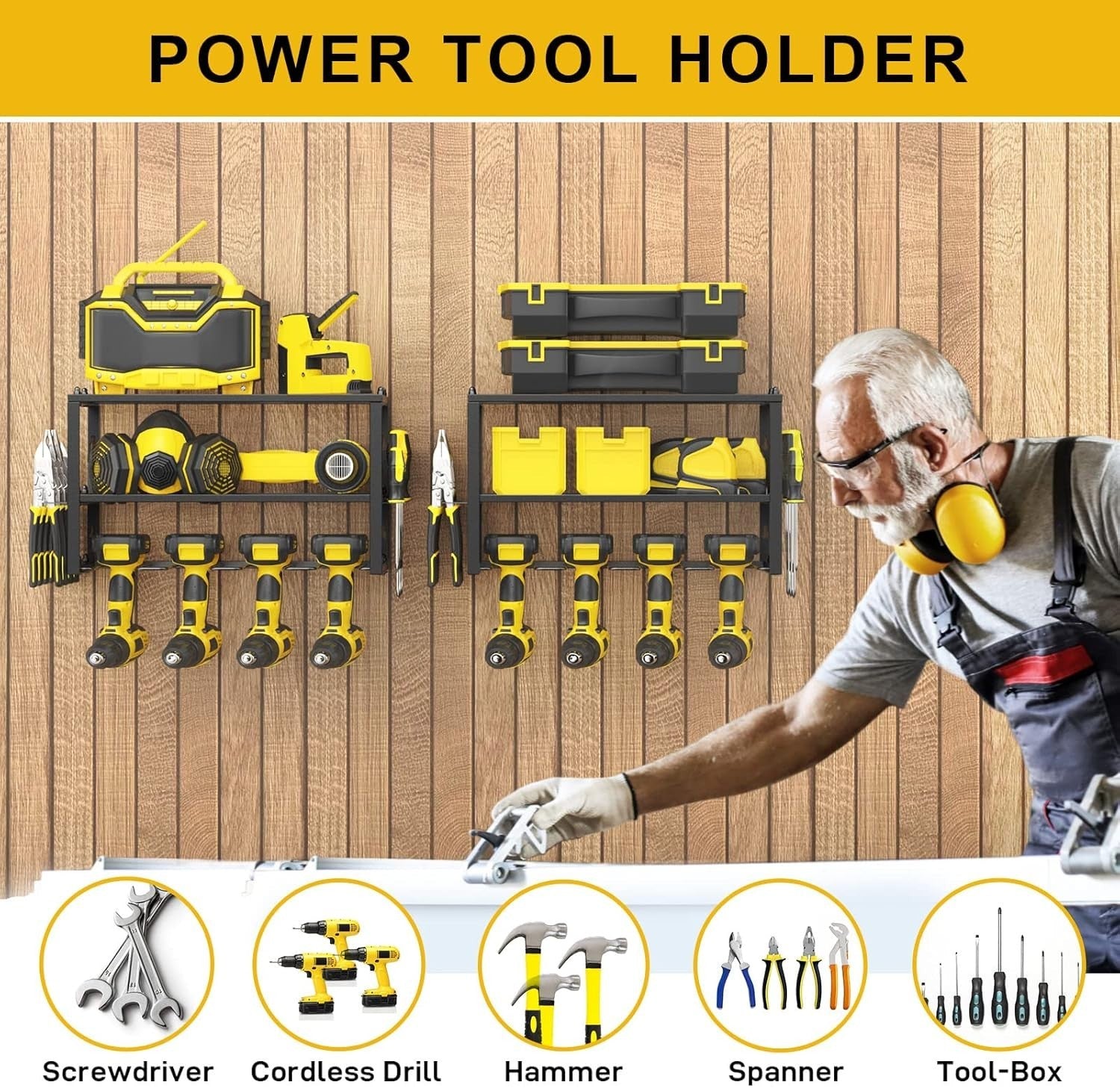 Heavy Duty Drill Storage Rack 2-Pack Floating Shelf 8 Drill Holders Yellow