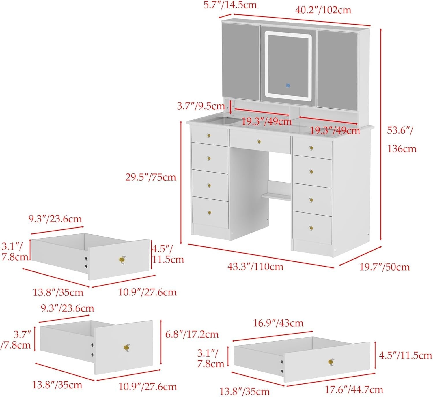 White Modern Vanity Desk Makeup Table LED Mirror 9 Drawers Glass Top Storage