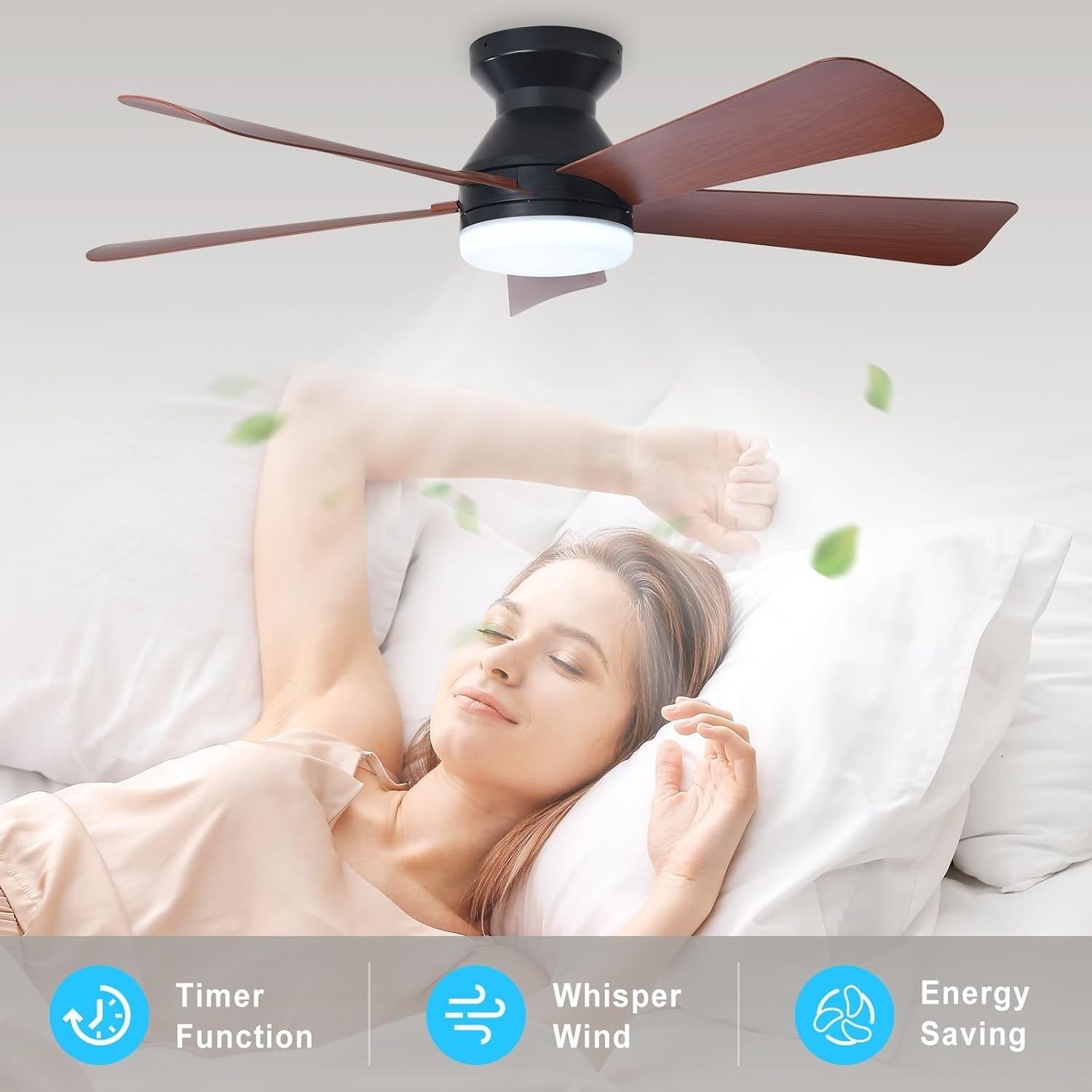 42" Ceiling Fan, 5 Walnut Blades, 6 Speeds, LED Light, Remote