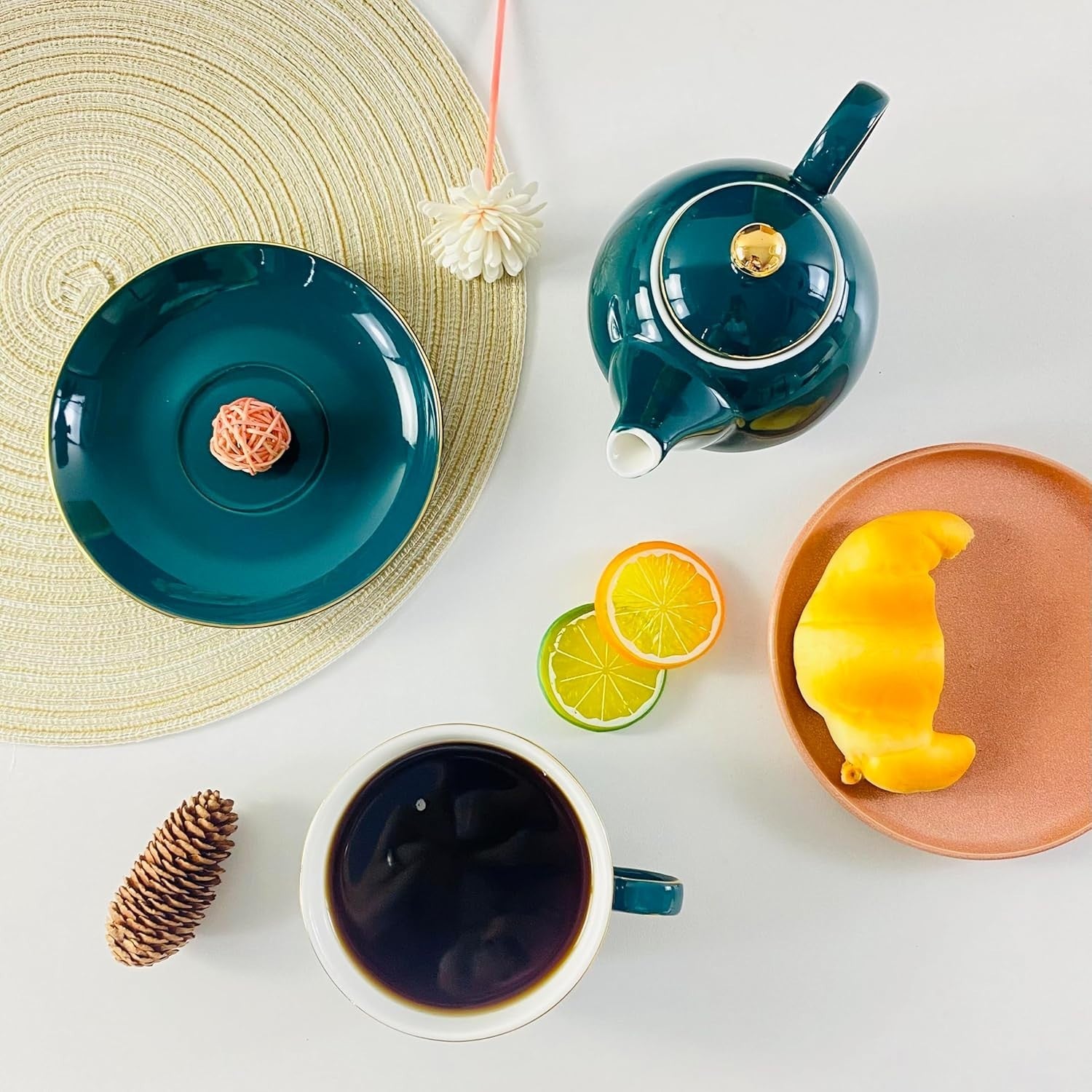 Tea For One Set Peacock Green Teapot Cup Saucer Ceramic Gift 350ml
