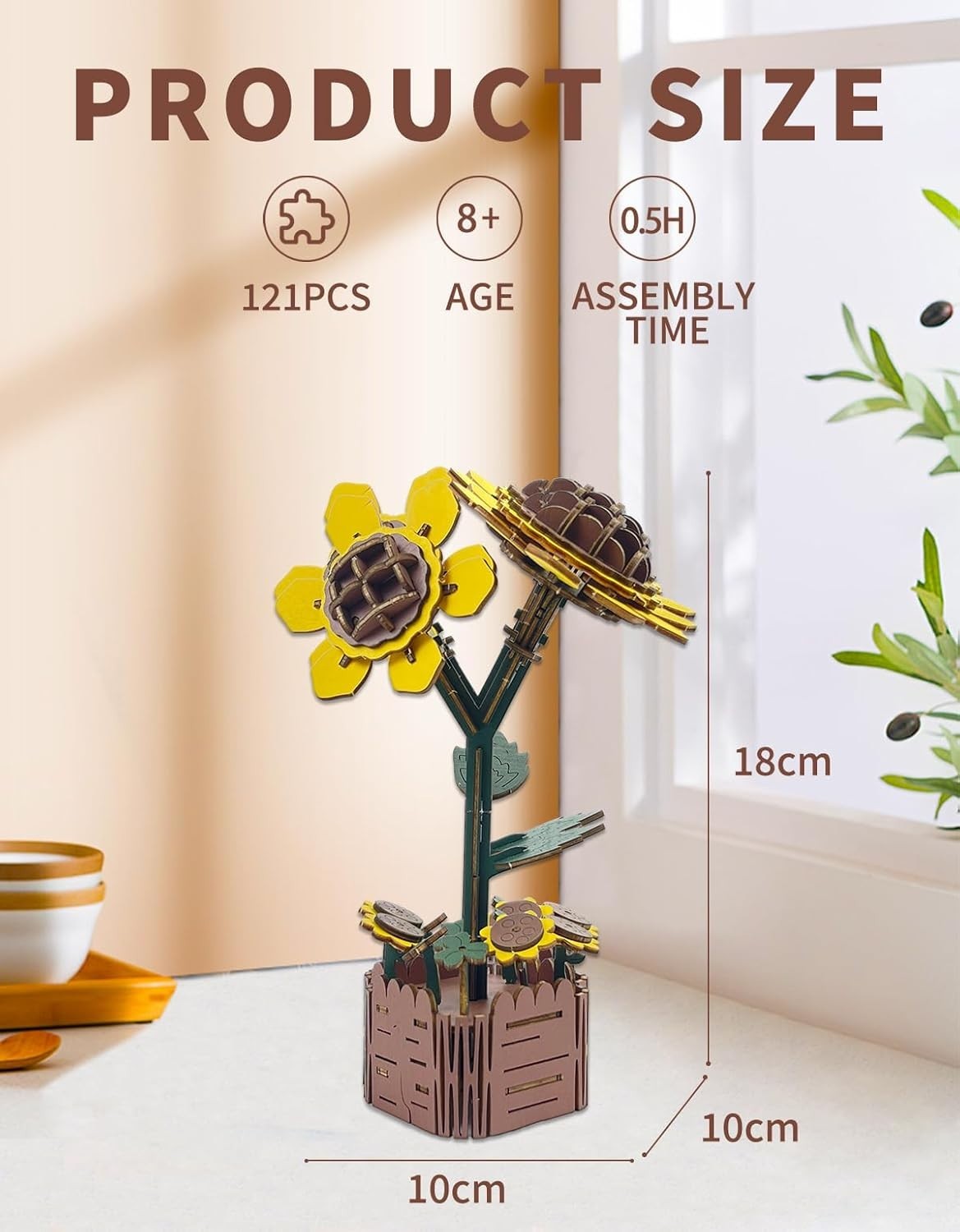Wooden Sunflower 3D Puzzle Kit for Adults – DIY Floral Decor Gift 121pcs