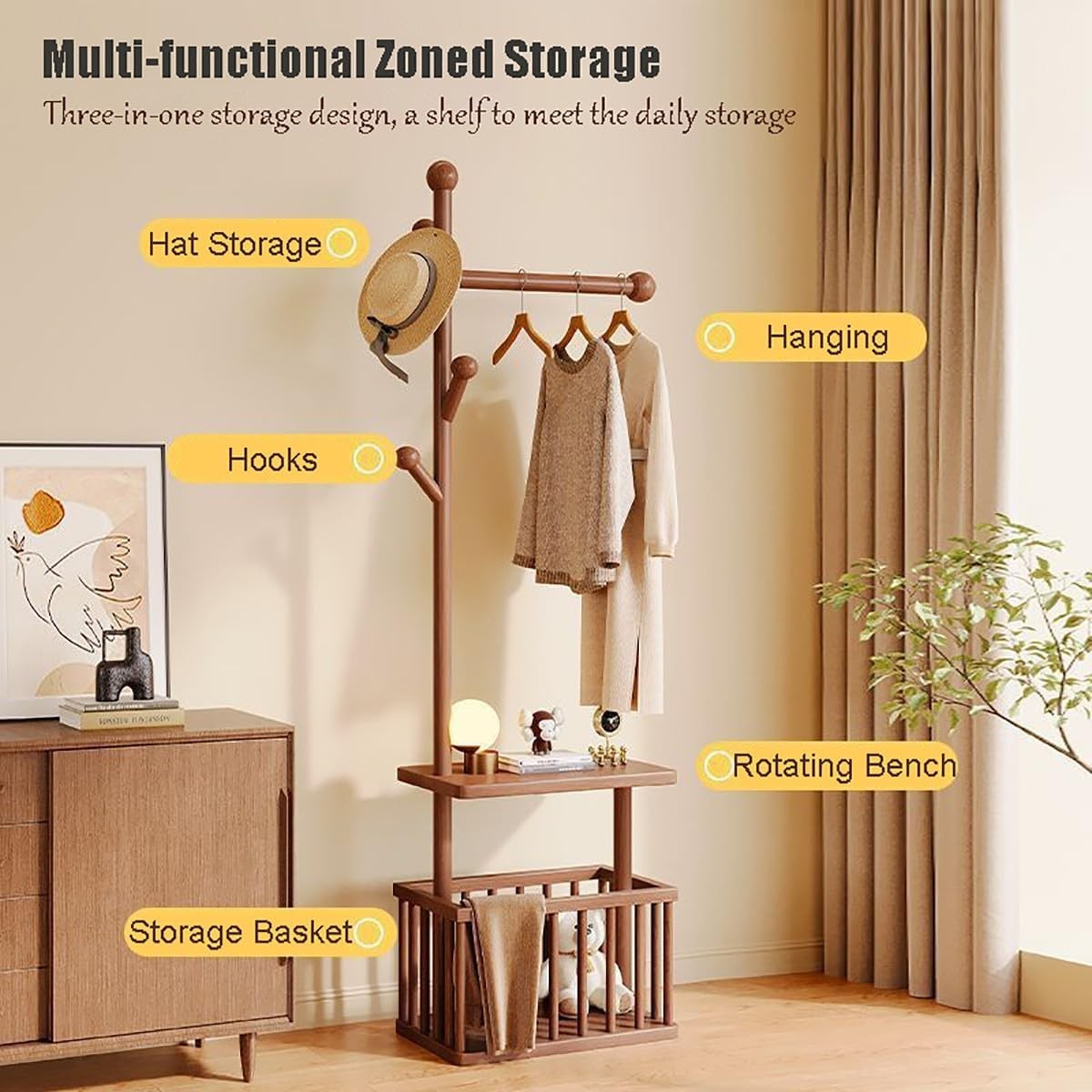 White Solid Wood Coat Rack with Wheels & Storage Basket Freestanding Hall Stand