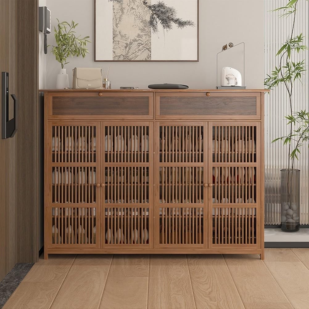 Large Bamboo Shoe Cabinet with Drawer & Ventilated Door, Holds 32 Pairs