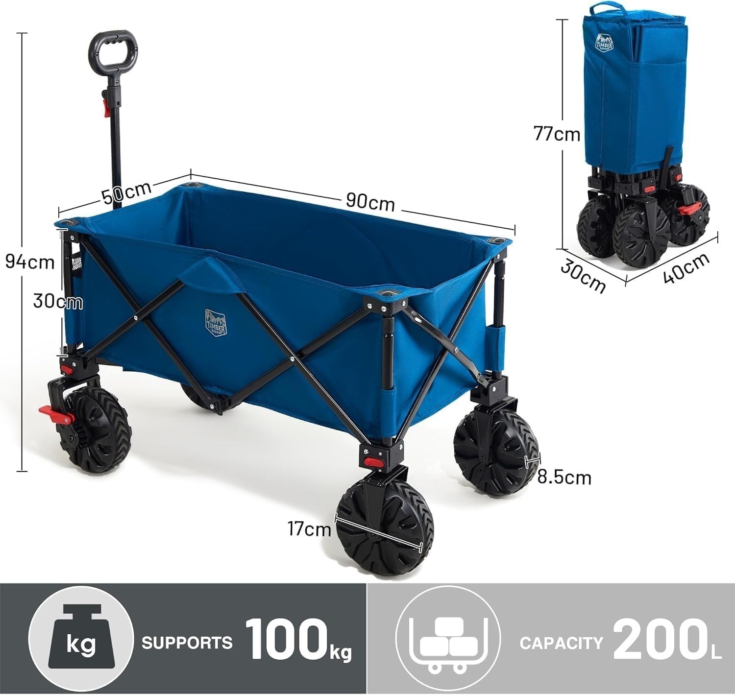 Blue 200L Folding Camping Wagon 100kg Heavy Duty Festival Trolley with Brakes