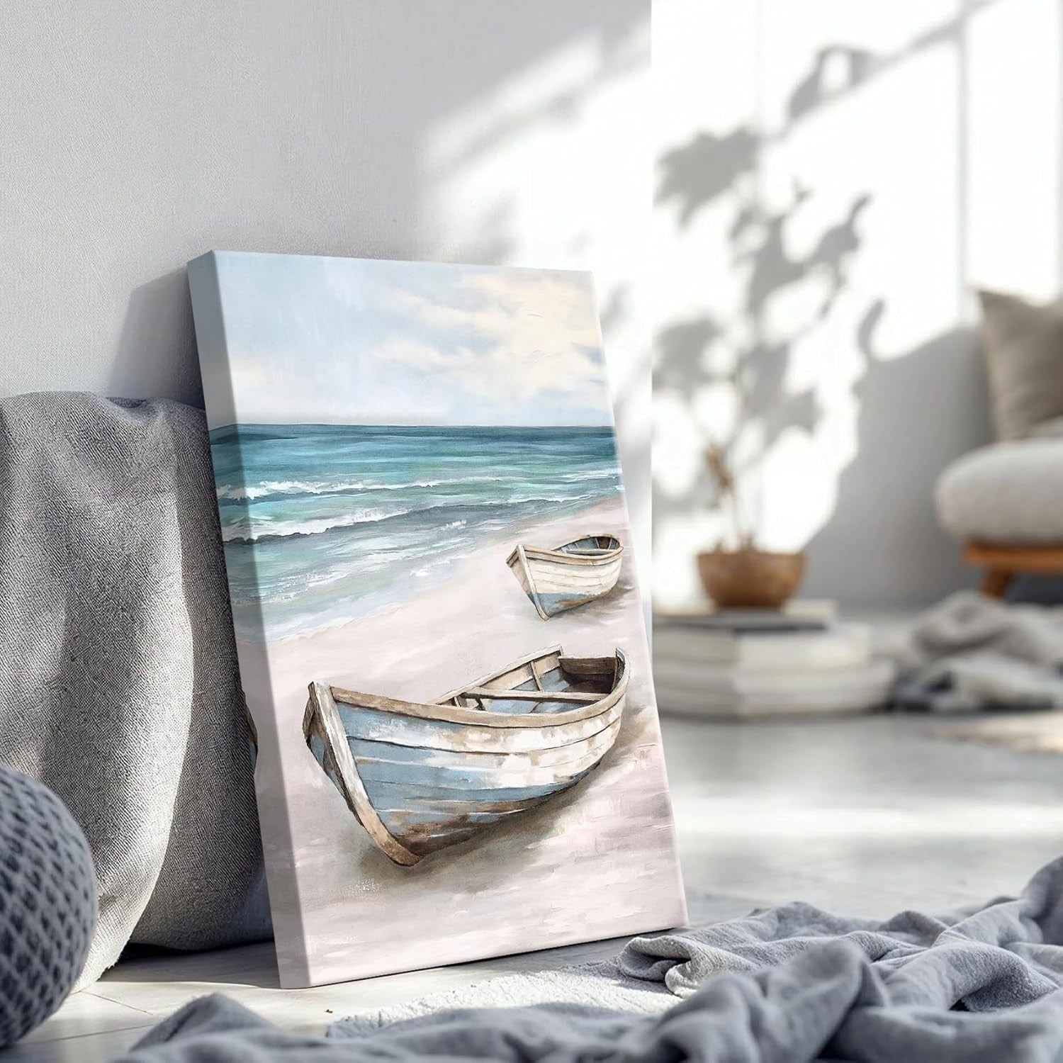 Blue White Sea Boat Canvas Wall Art 40x60cm Framed Coastal Decor