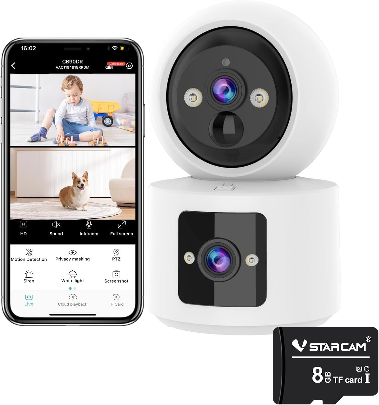 2K Dual Lens Indoor Security Camera WiFi Auto Tracking 8GB Storage