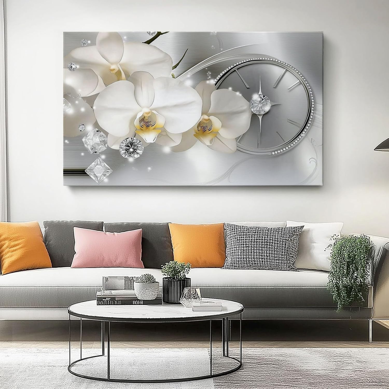 Large White Silver Orchid Canvas Wall Art Luxury Print 76x51cm