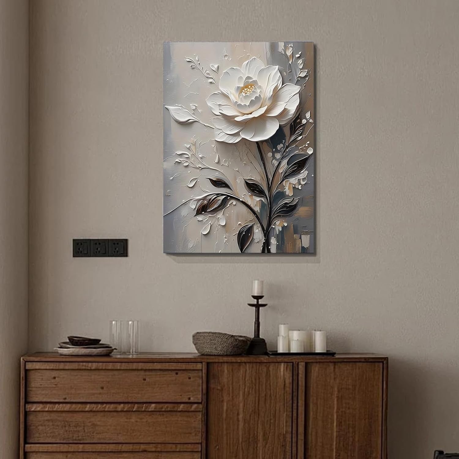 3D White Floral Canvas Wall Art 12x16 Framed Modern Bedroom Decor