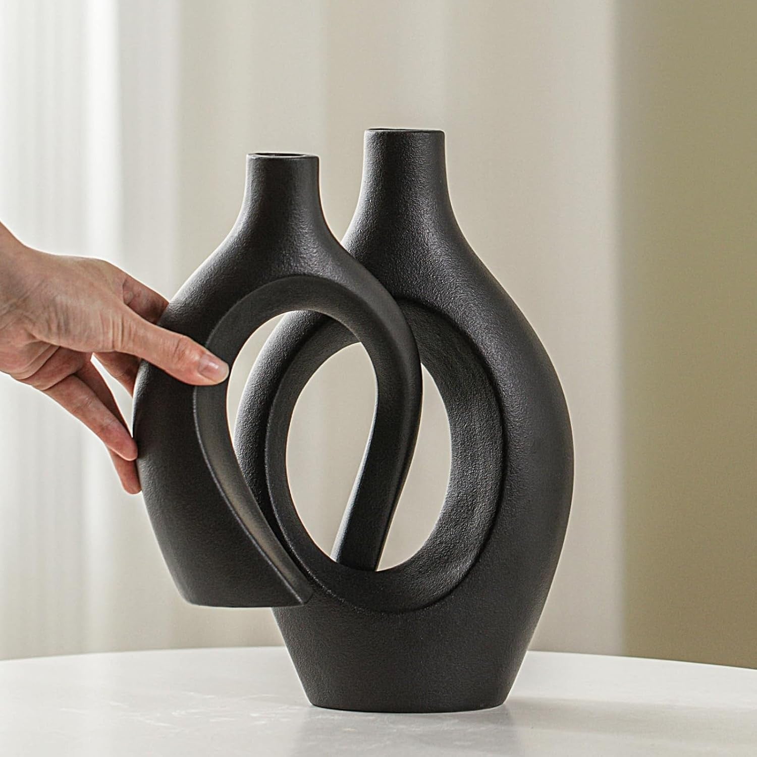 Extra Large Matte Black Ceramic Vase Set of 2 Nordic Boho Pampas Decor