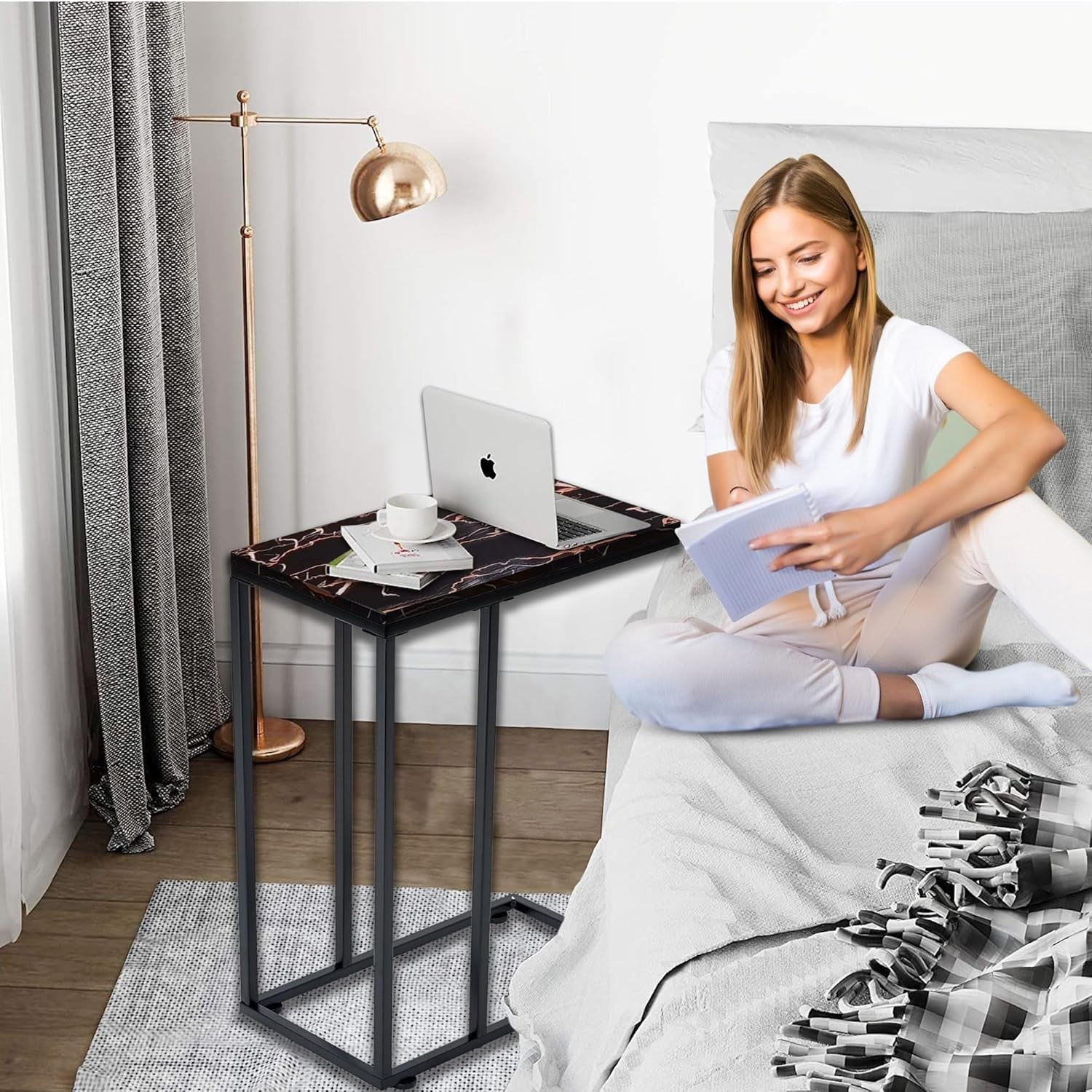 Rose Gold C Shaped Side Table Sofa Bed Snack Laptop Stand Metal Frame