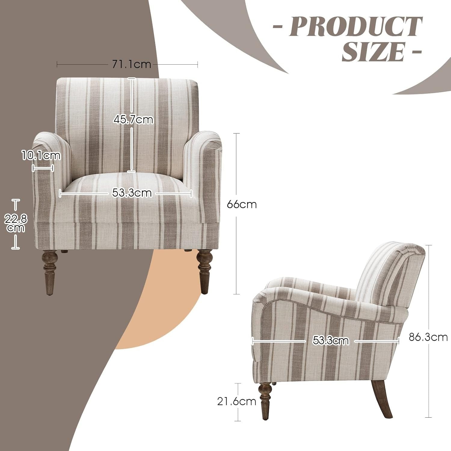Striped Upholstered Armchair with Wooden Legs for Lounge or Bedroom