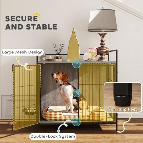 Dog Crate Furniture with Feeding Bowls & Lockable Doors, Grey Indoor Table