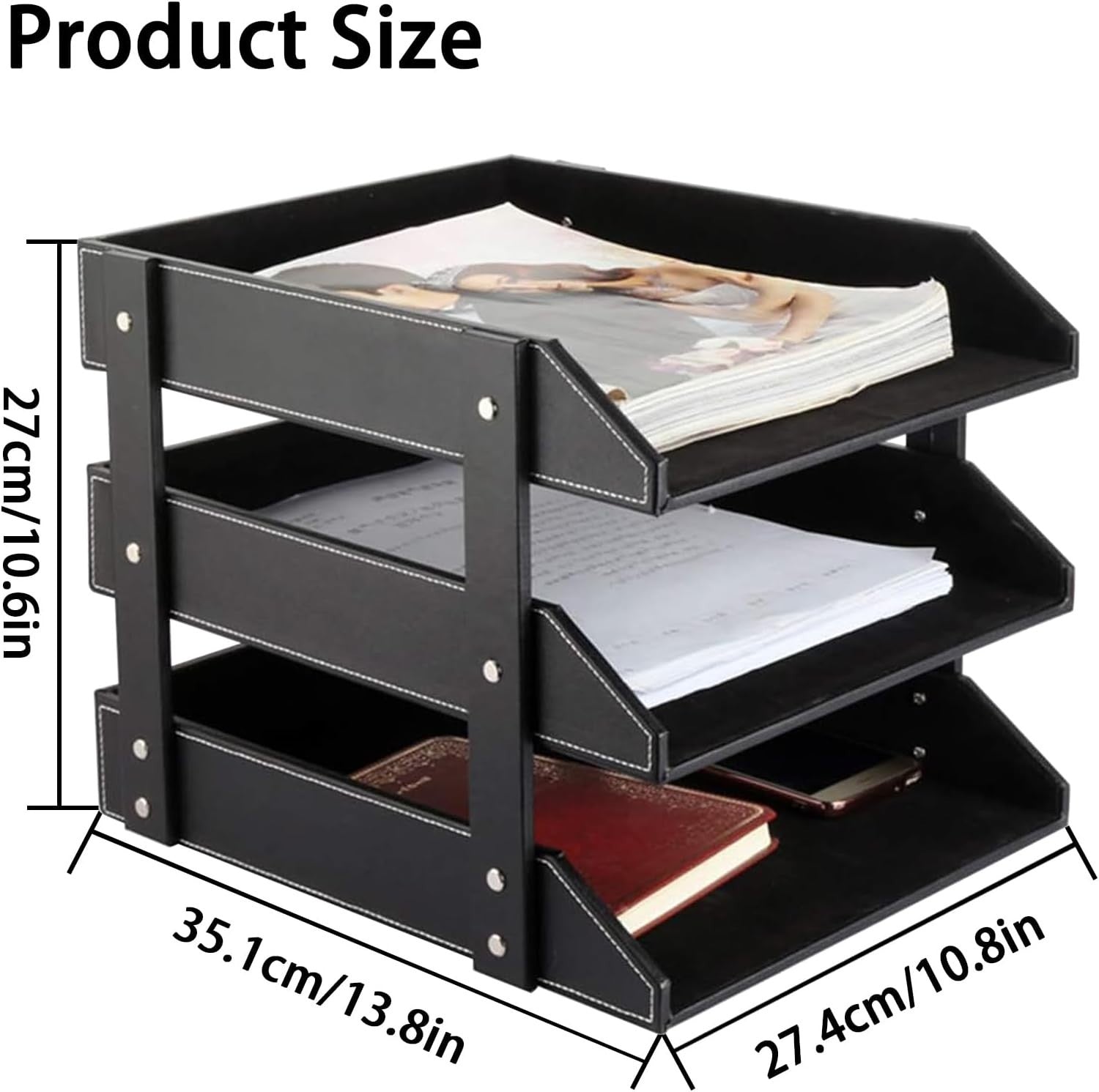 Stackable Leather Desk Organizer 3-Tier Letter Tray Office Storage Black