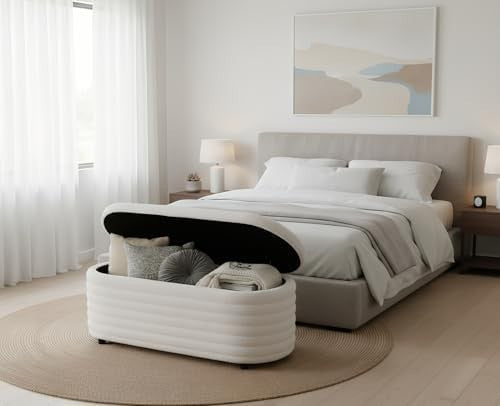 White Faux Fur Upholstered Ottoman Storage Bench Wooden Frame Seat 115x43x46cm