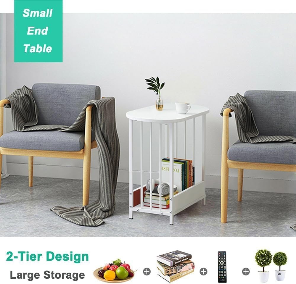 Slim Oval Side Table with Storage, Modern Small End Table for Living Room