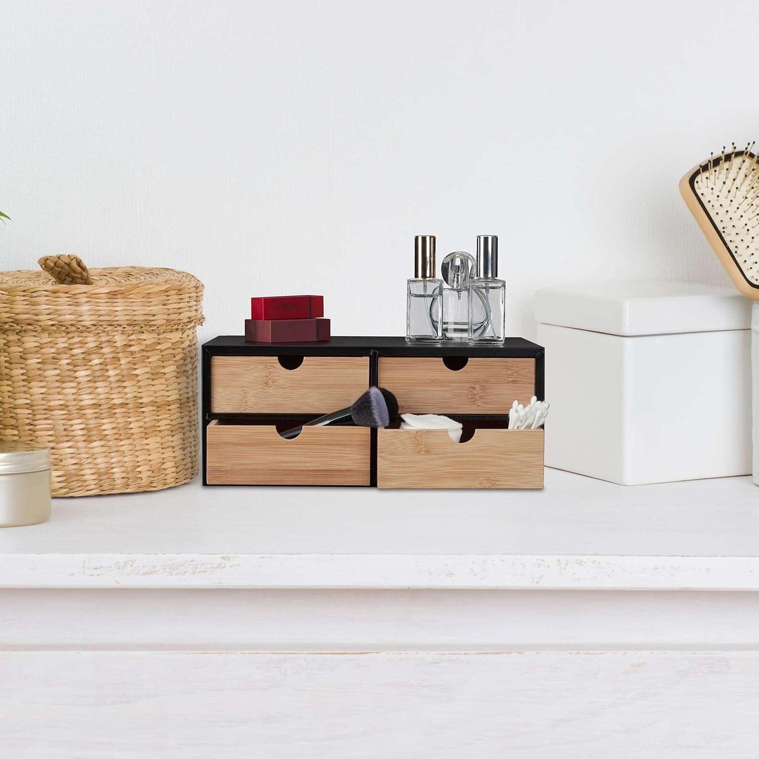 Bamboo Desk Organizer with 4 Drawers for Office & Stationery Natural/Black