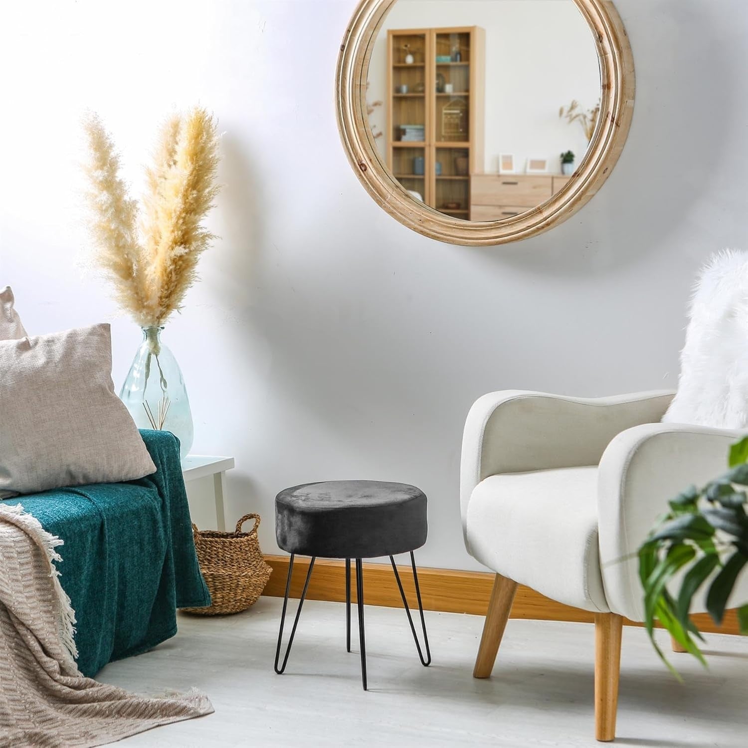 Set of 2 Black Velvet Footstools Hairpin Legs Modern Round Pouffe Seats