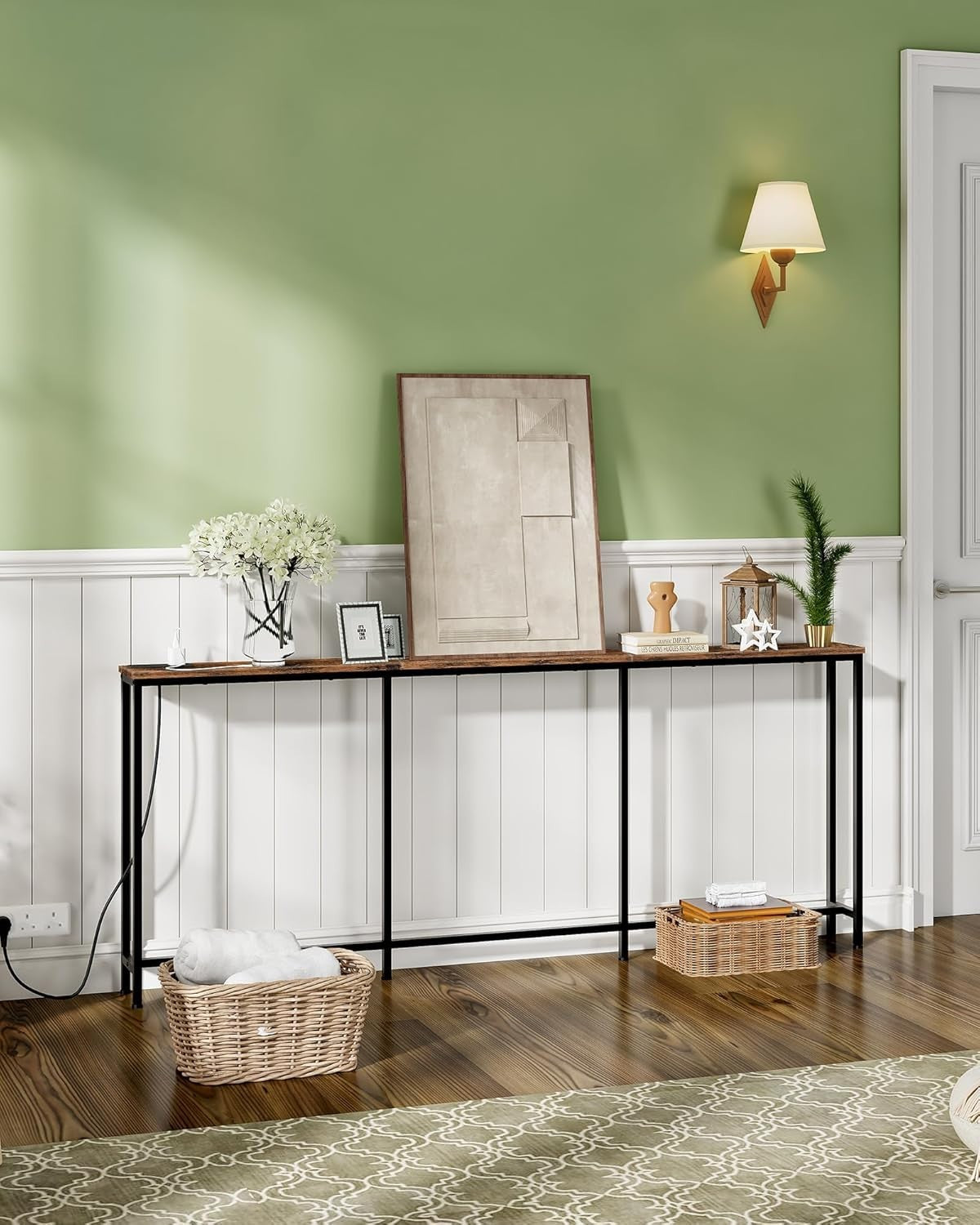 Slim Narrow Console Table with Power Outlet & USB Ports, 180x18x82 cm