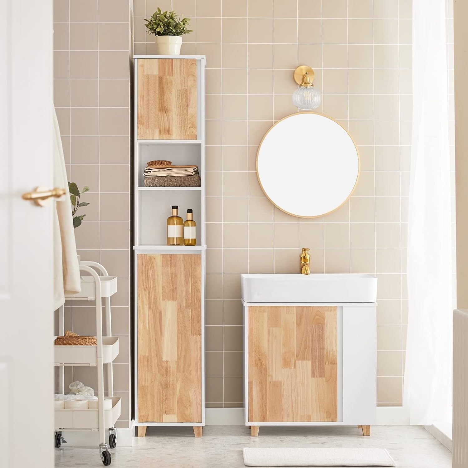 Tall Bathroom Storage Cabinet with Fold-Out Laundry Basket White 31×32×170cm