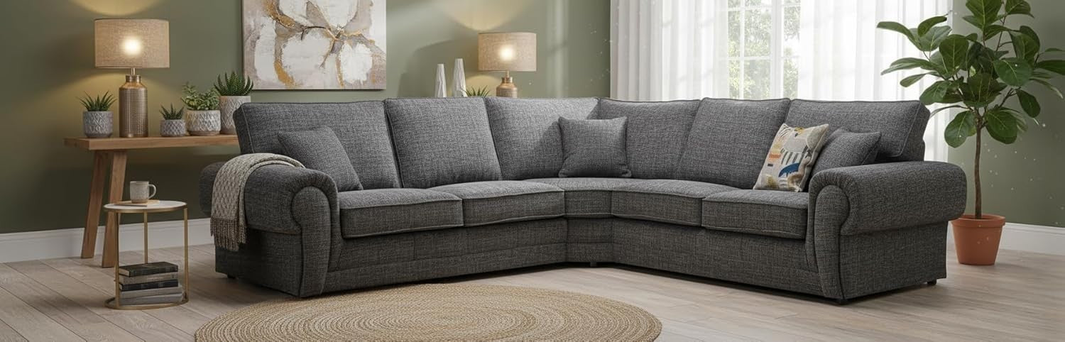 Grey 2C2 Chesterfield Corner Sofa – High Back 5 Seater Deep Cushion Settee