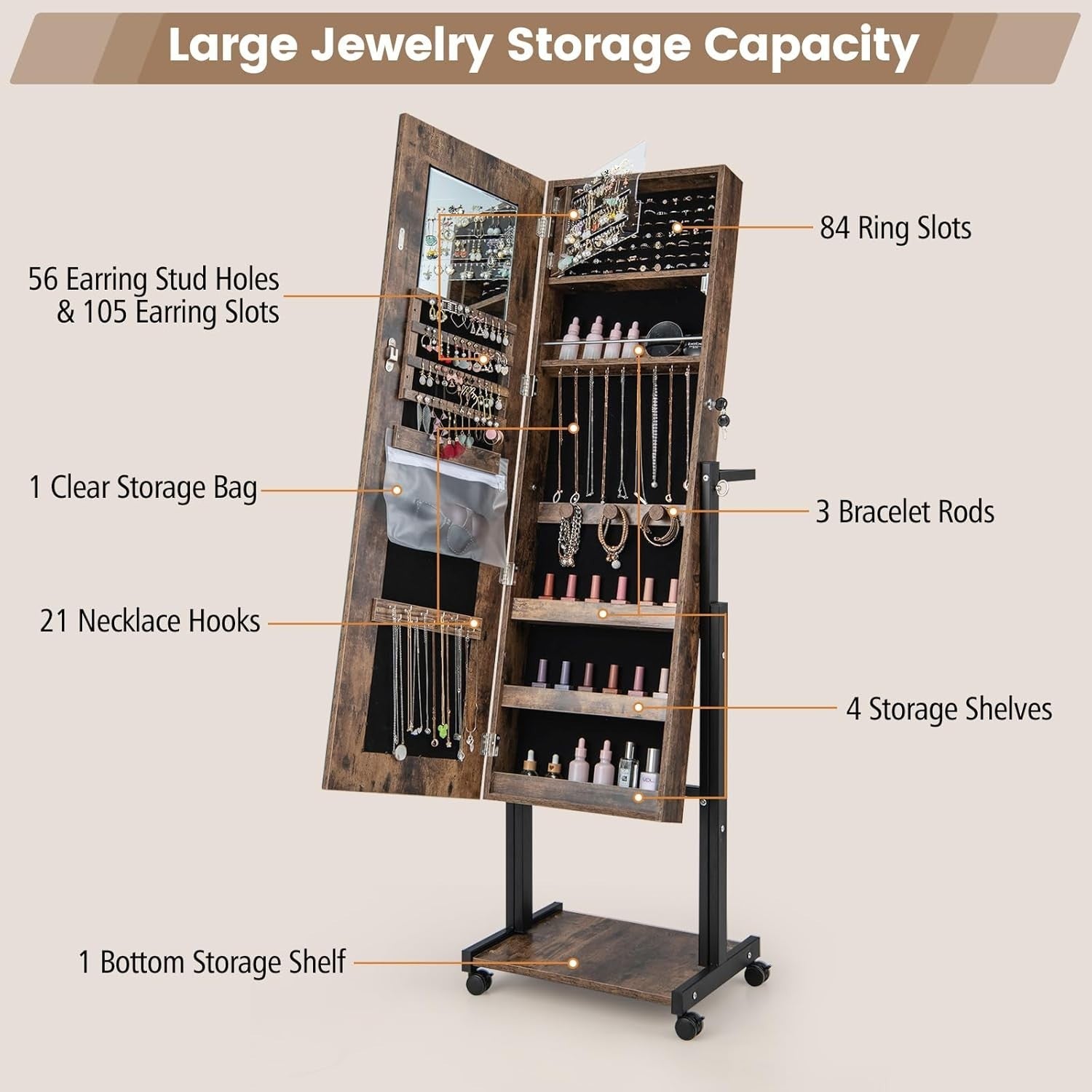 Rustic Brown LED Jewellery Cabinet Lockable Full Length Mirror Mobile